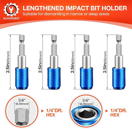 BLACKROBOT 4-Piece Magnetic Quick Change Impact Bit Holder, 2.5-Inch Drill Bit Extension for 1/4" Hex Drives, Ideal for Screwdriver Bits, Nuts, Drills and Socket Driver Adapters