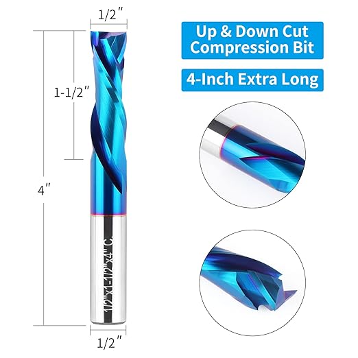 Spiral Router Bits Up Down Compression Bit 1/2 inch Cutting Diameter with Nano Blue Coated, 1/2 inch Shank Solid Carbide CNC End Mill for Wood Carving Engraver Milling Cutters (Extra Long 4??