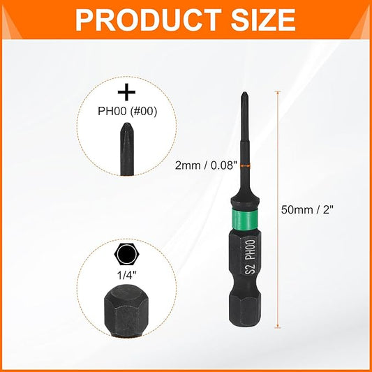 HARFINGTON 3pcs #00 Impact Phillips Screwdriver Bit PH00 1/4" Hex Shank 2" (50mm) Long 0.08" Rod Magnetic Cross Head Drill Bits S2 Steel Industrial Screw Driver for Impact Power Drivers