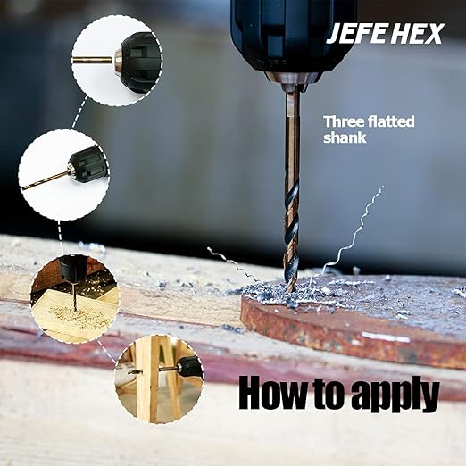 JEFE HEX 12 Pcs 5/16 Inch (Pack of 2, 6 Pack, Total 12) High Speed Steel with 3-Flat Shanks, Black & Gold Finished, Jobber Length Twist Drill Bit, 135 Degree Split Point