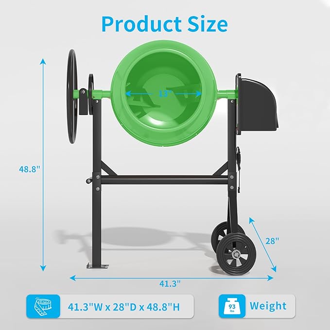 4.5 Cu.Ft. Electric Cement Mixer, 120L Dumb Portable Concrete Mixer with wheel&Stand,120V Mortar For Concreat,Mortar,Feeds and Seeds, Green