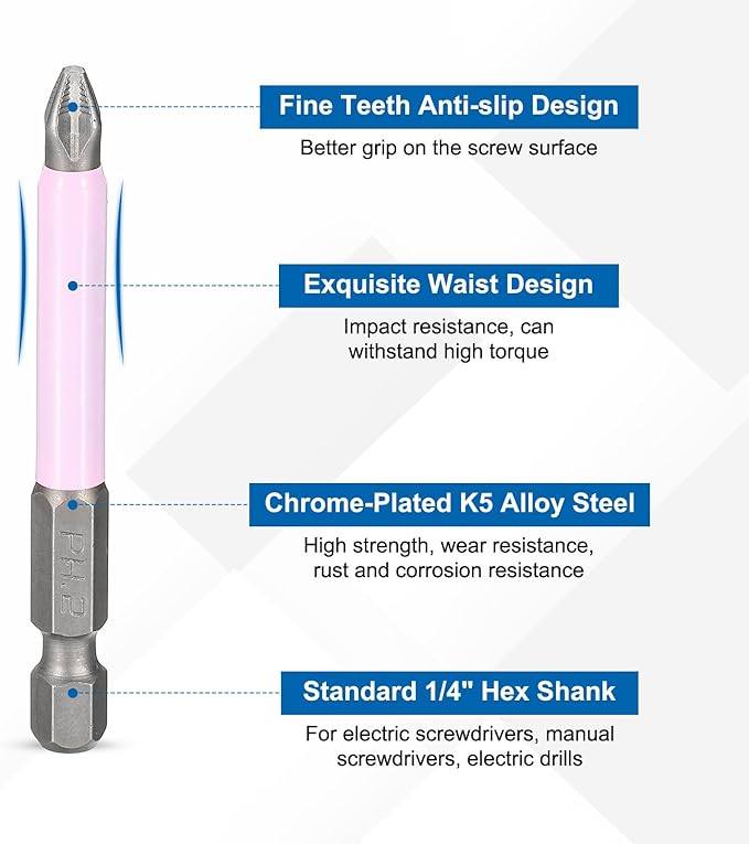 HARFINGTON 2pcs #2 Phillips Impact Screwdriver Bit PH2 1/4" Hex Shank 2.8" (70mm) Magnetic Anti Slip Cross Head Drill Bits K5 Steel Screw Driver Tool, Pink