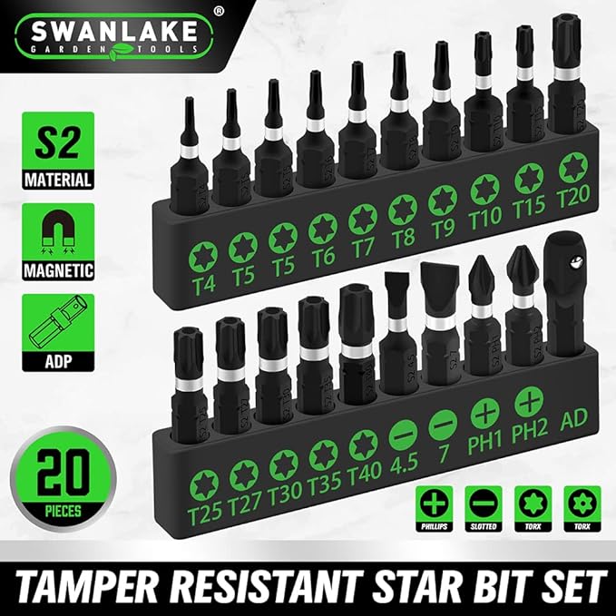 SWANLAKE 20PCS Tamper Resistant Star Bit Set,Torx Bit Set, Impact Grade Security Torx Bits Set,1/4-inch Hex Shank, S2 Alloy Steel, T4-T40