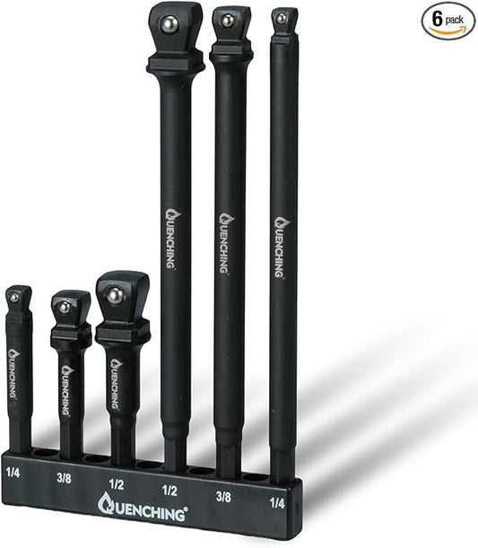 6-Pcs 3 Inch & 6 Inch Impact Wobble Extension Set, Socket Extensions with Holder, 1/4, 3/8, 1/2 Drive Cr-V Wobble Extension, 30-Degree Range of Motion for Enhanced Access
