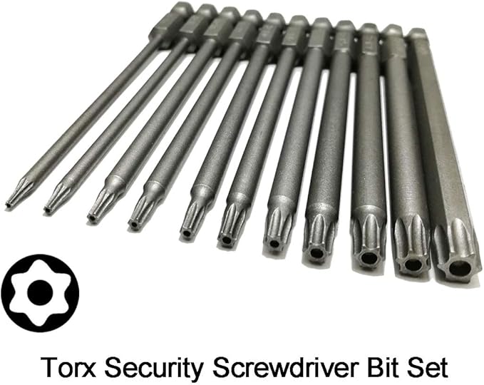 Long Torx Security Head Screwdriver Drill Set 1/4 Inch Hex Shank T6 T7 T8 T9 T10 T15 T20 T25 T27 T30 T40 11 Pieces 4 Inch Length S2 Steel Torx Screwdriver Bit Set (11pcs Torx Head 100mm)