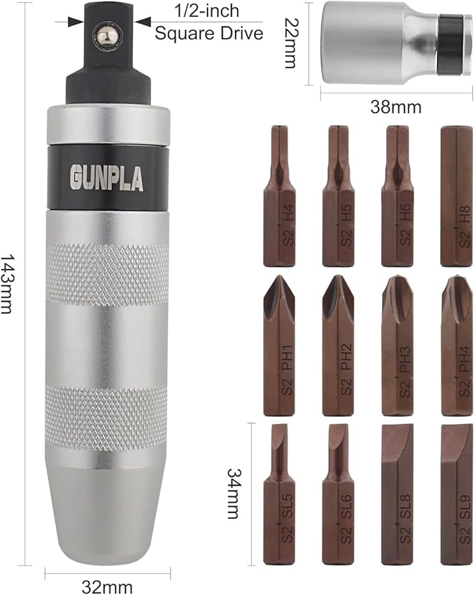 Gunpla Impact Screwdriver Set, Industrial-Grade 40CR Alloy Steel Manual Impact Driver with Phillips Slotted Hex Driver Spinning Ratchet Adapter Adjustable Handle for Fastening Loosening, 12 Piece