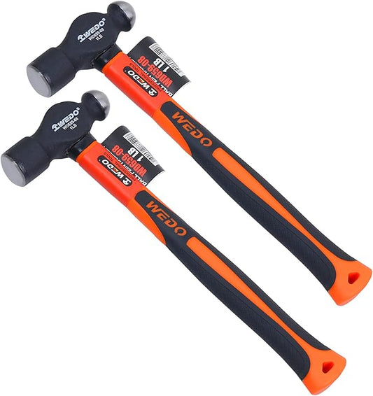 WEDO 2pcs Ball Pein Hammer Set,1lb+1lb,Fiberglass Handle,Ball Peen Hammer,Length 320mm,High Carbon Steel,Shock Resistant,Non-Slip Handle,Die-forged