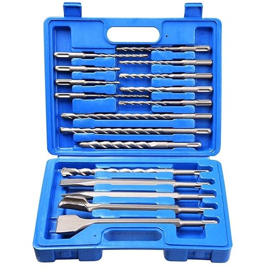 SagaSave 17 PCS Rotary Hammer SDS Plus Drill Bits & Chisel Set, Carbide Tipped Concrete Masonry Hole Tool with Storage Case for Drilling Concrete, Masonry, Bricks and Stone Blue