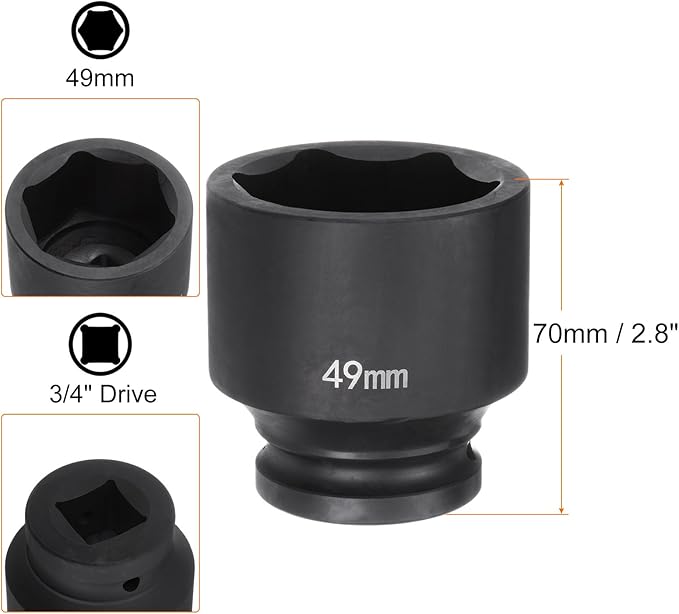 HARFINGTON 6-Point Impact Socket 3/4" Drive 49mm Metric 40Cr Alloy Steel Spindle Axle Nut Impact Socket