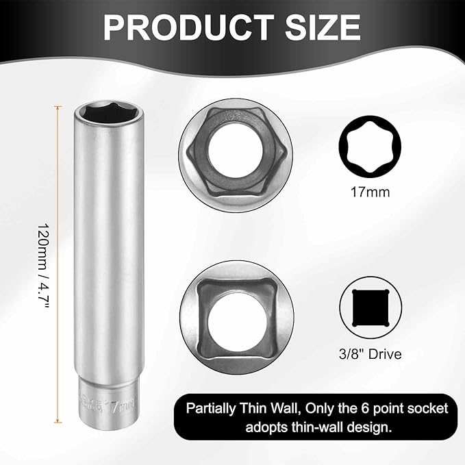 HARFINGTON 2pcs 6 Points Deep Socket 3/8" Drive 17mm Deep Metric CR-V Steel Polished Nickel Plating Flip Sleeve 120mm / 4.7" Extra Long Socket Tool for Home Auto Nuts Bolts Repair