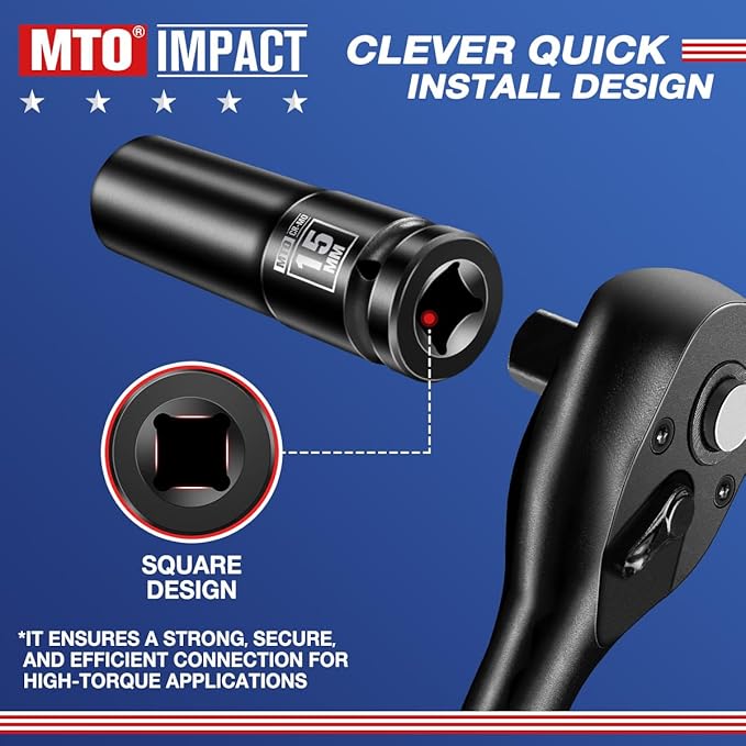 MTO 1/2" Drive 15mm Deep Impact Socket, 6 Pt. Metric Socket, CR-MO Steel & Anti-Corrosion Coating for Heavy-Duty Use