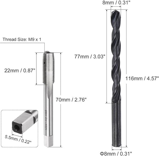 uxcell 2pcs M9 x 1 Tap & 8mm Drill Bit Set, Black Oxide, High Carbon Steel, Spiral Flute, For Metal, Cast Iron, Aluminum, Stainless Steel, Aluminum Alloy, Bronze, Plastic