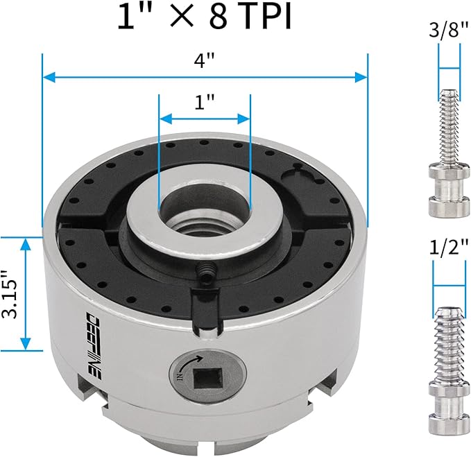 4 Inch Wood Lathe Chuck Set 1" x 8 tpi thread, Nickel Plated Self Centering 4 Jaw Wood Turning Chuck set(5PCS jaws)
