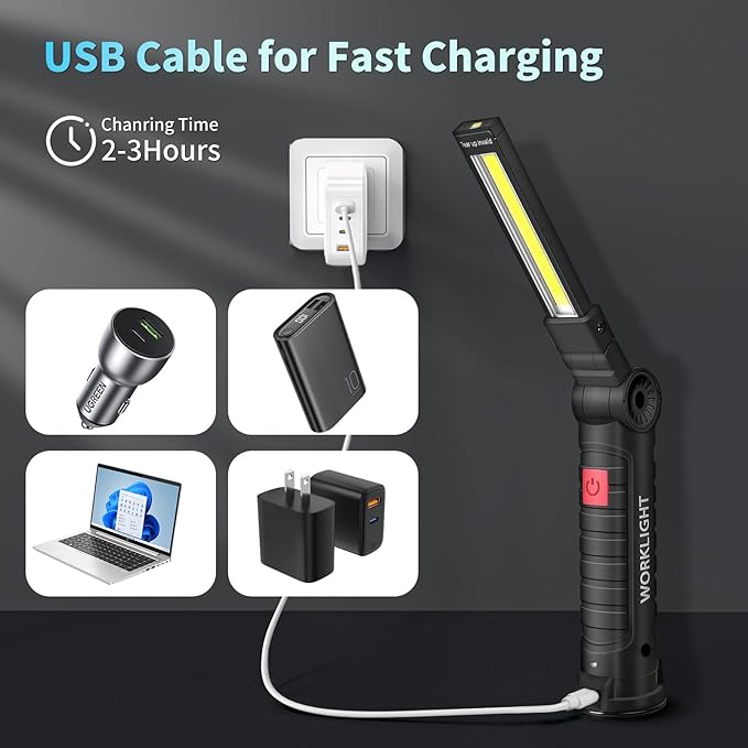 Suranew Rechargeable LED Work Light for Mechanics - Yellow Magnetic Base 360째 Rotatable Flashlight, 5 Modes Valentine?셲 Day Gifts for Men Him - Ideal for Car Repair, Camping & Workshop Tools