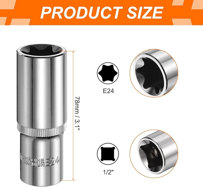 HARFINGTON 2pcs E-Torx Socket 1/2" Drive E24 Star Female Socket 3.1" Length External Torx Deep Sleeve Chrome Plating 6 Point Spline Sleeve for Auto Repairs Home Maintenance
