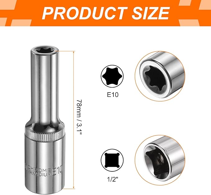 HARFINGTON 3pcs E-Torx Socket 1/2" Drive E10 Star Female Socket 3.1" Length External Torx Deep Sleeve Chrome Plating 6 Point Spline Sleeve for Auto Repairs Home Maintenance