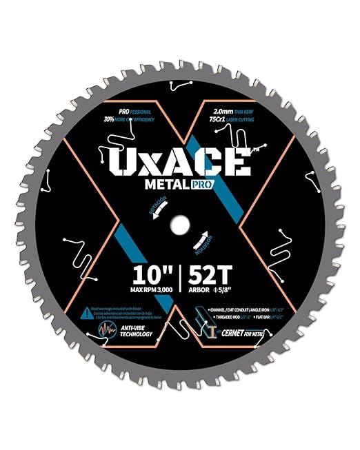 10-Inch 52-Tooth Circular Saw Blade, 5/8-Inch Arbor, Ferrous Metal, Steel Cutting Blade, Carbide Tip, Thin Kerf, for Channel, EMT Conduit, Angle Iron, Threaded Rod, Flat Bar