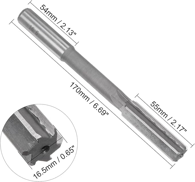 uxcell Chucking Reamer 16.5mm, H7 HSS Lathe Machine Reamer 6 Straight Flutes, Round Shank Milling Cutting Tool, Metric Reaming Drill Bit for Stainless Steel Metal Hole