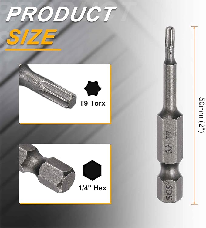HARFINGTON 2pcs T9 Torx Head Screwdriver Bit 1/4" Hex Shank 2" (50mm) Long Magnetic No Hole Tip Tamper Proof 6 Point Star Screw Driver Drill Bits S2 Steel Industrial Power Screwdrivers