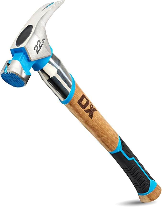 OX Tools Pro 22oz Curved Hickory Handle Hammer with TPR Grip and Steel Shaft Hickory Framer - Magnetic Nail Starter Curved Axe Handle Milled Face Straight Claw Hammer OX-P088422