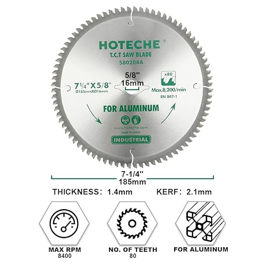 Hoteche 7-1/4-Inch Circular Saw Blade for Aluminum 80-Tooth Tungsten Carbide-Tipped Blade High-Performance Professioal Saw Blade for Circular Saws and Miter Saws, Rhombus Hole Size 5/8-inch