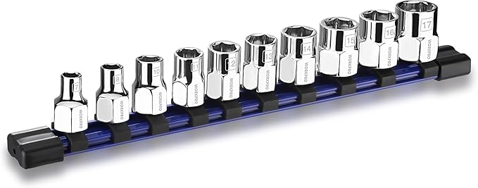 WORKPRO 3/8" Drive Socket Set, 10-Piece Metric CR-V Socket Set with Sturdy Socket Organizer, 6-Point Standard & Shallow Sockets 7mm to 17mm, External Hex Socket Set with Socket Rail for Anti Rolling
