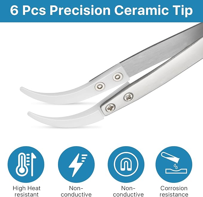 6 Pcs Precision Reverse Ceramic Tweezers Set, Non-Conductive Heat-resistant Electronics Soldering Tweezers Anti-Magnetic Pointed & Curved Tips Tweezers for Solder, Pinching Coils (Silver)