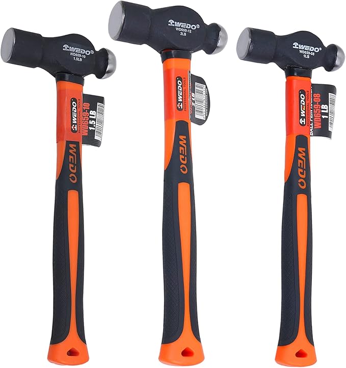 WEDO Ball Peen Hammer Set,with Fiberglass Handle,3 Piece,1lb,1.5lb,2lb,Ball Pein Hammer kit, High Carbon Steel,Shock Resistant, Non-Slip Handle, Die-forged