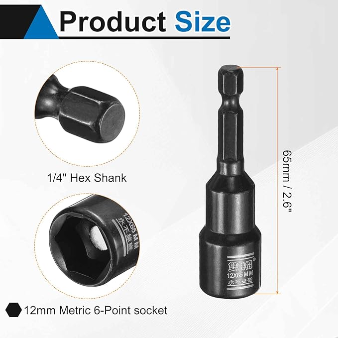 HARFINGTON Nut Driver Drill Bit 12mm Metric Socket 1/4" Hex Shank 2.6" (65mm) Long Magnetic 6-Point Sockets Quick Change CR-V Steel Bolt Setters for Power Drill Drivers