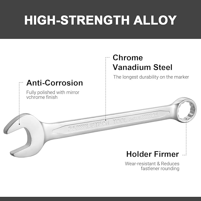 Jetech 25mm Combination Wrench, Industrial Grade Cr-V Steel Spanners with Precise 12 Point Opening, Off-Corners Design