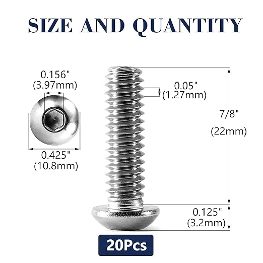 1/4-20 x 7/8" Button Head Socket Cap Bolts Screws, 20Pcs 304 Stainless Steel 18-8, Allen Hex Drive, Bright Finish by SG TZH(with Hex Spanner)