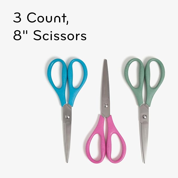 U Brands U-Eco 8" Scissors for Office, Assorted Brights, Patented Concave Blade Technology, Craft Scissor Set, Pack of Scissors for Gift Wrapping and Crafting, Set of 3 (6607U01-24)