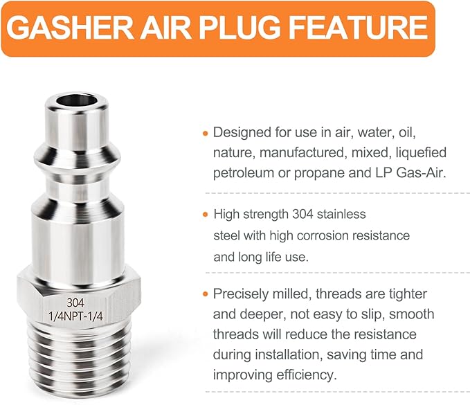 GASHER 10PCS 304 Stainless Steel 1/4"NPT Male, Industrial Air Plug, 1/4" High Flow Pneumatic Plugs