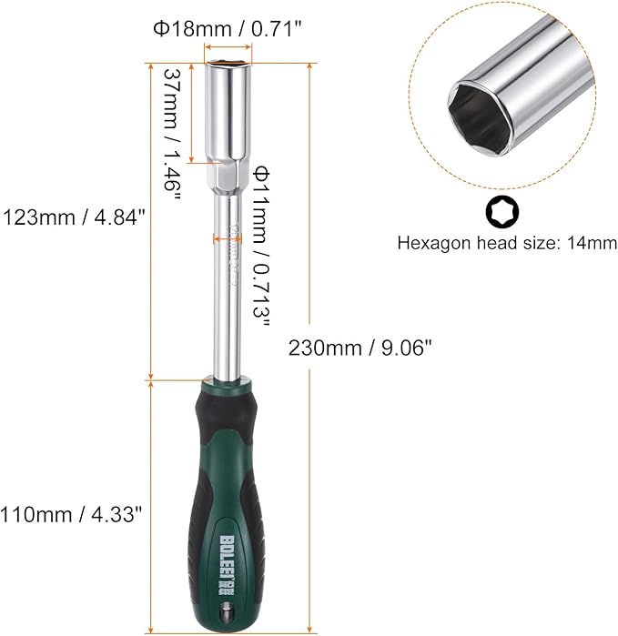 HARFINGTON Metric Nut Driver 14mm CR-V Non-Magnetic Tip Hollow Shafts Hex Socket Screwdriver with Non-Slip Handle for Automobile Repair