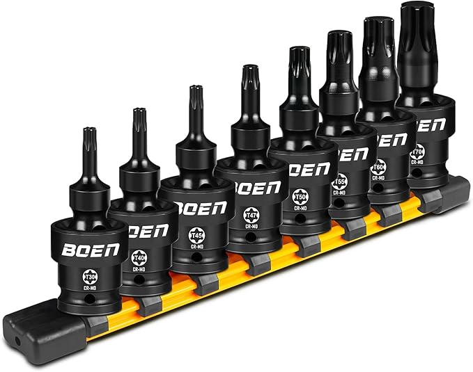 BOEN 8-Pieces Universal Torx Bit Driver Impact Socket, 1/2" Drive Size (T30, T40, T45, T47, T50, T55, T60, T70) With Socket Rail, CR-MO Steel