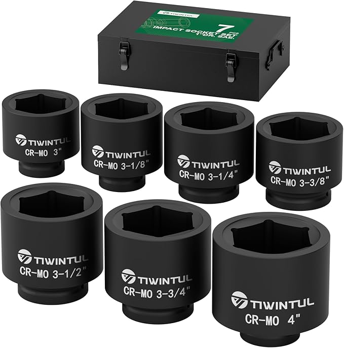 7-Piece 1-Inch Drive Socket Set, SAE, 3", 3-1/8", 3-1/4'', 3-3/8", 3-1/2",3-3/4", 4" Shallow Spindle Axle Nut Socket, Jumbo Impact Socket Set with Metal Case for Trailer & Heavy Equipment