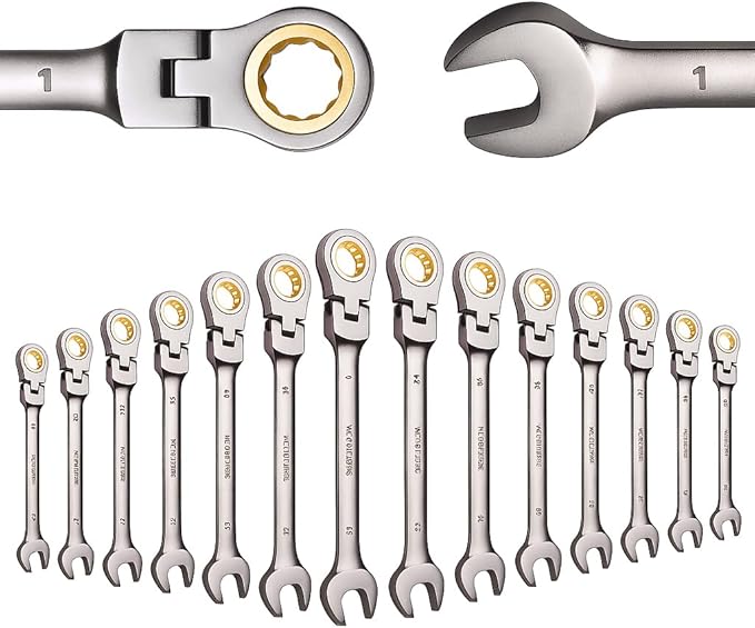15-Piece SAE Ratcheting Wrench Set (1/4?년???, 72-Tooth Flex-Head Combination Wrenches, Heavy-Duty Cr-V Mechanic Tool Kit with Organizer Roll Bag