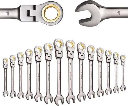 15-Piece SAE Ratcheting Wrench Set (1/4?년???, 72-Tooth Flex-Head Combination Wrenches, Heavy-Duty Cr-V Mechanic Tool Kit with Organizer Roll Bag