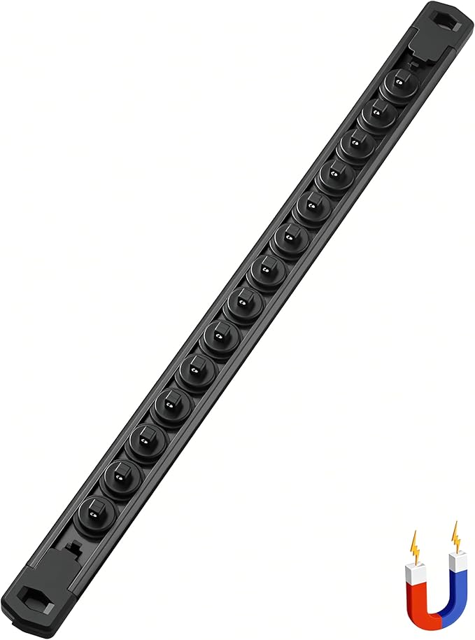 ALOANES 1/4-Inch Drive Magnetic Socket Organizer, Heavy Duty Aluminum Socket Rail Organizer, 360째 Swivel Clips Socket Rail Set For Sockets Storage, 1/4-Inch Socket Holder x 14 Clips (Black)