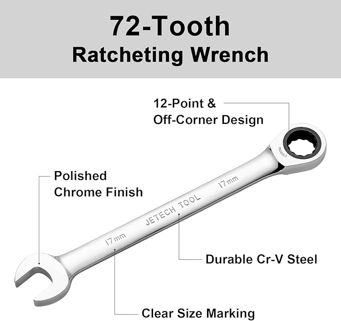 Jetech 17mm Ratcheting Combination Wrench, Industrial Grade Gear Spanner with 12-Point 72-Tooth Ratchet, Forged and Heat-Treated Cr-V Steel, Metric