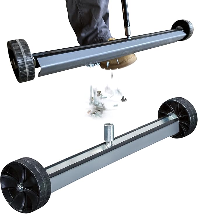 Quick-Release Rolling Magnetic Sweeper, Proudly Made-in-the-USA, 26-Inch Nail Magnet Sweeper on 4-inch Poly Wheels, for Easy Metal Debris Clean-Up. Roofing Edition. Handle sold seperately!