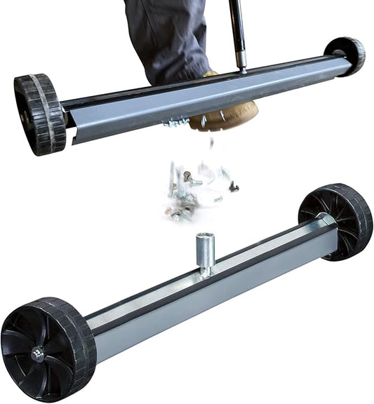 Quick-Release Rolling Magnetic Sweeper, Proudly Made-in-the-USA, 26-Inch Nail Magnet Sweeper on 4-inch Poly Wheels, for Easy Metal Debris Clean-Up. Roofing Edition. Handle sold seperately!