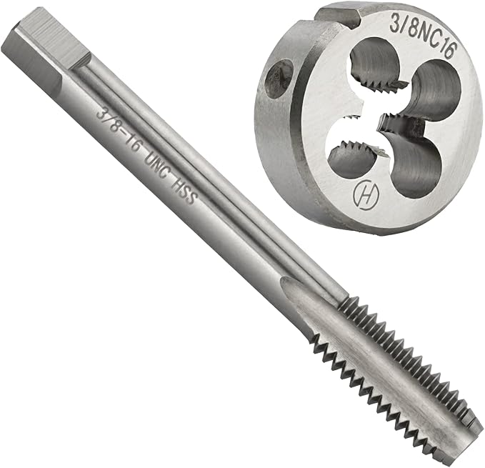 Aceteel 3/8"-16 UNC HSS Tap And Die Set, 3/8 x 16 UNC Machine Thread Tap And UNC Round Thread Die Right Hand