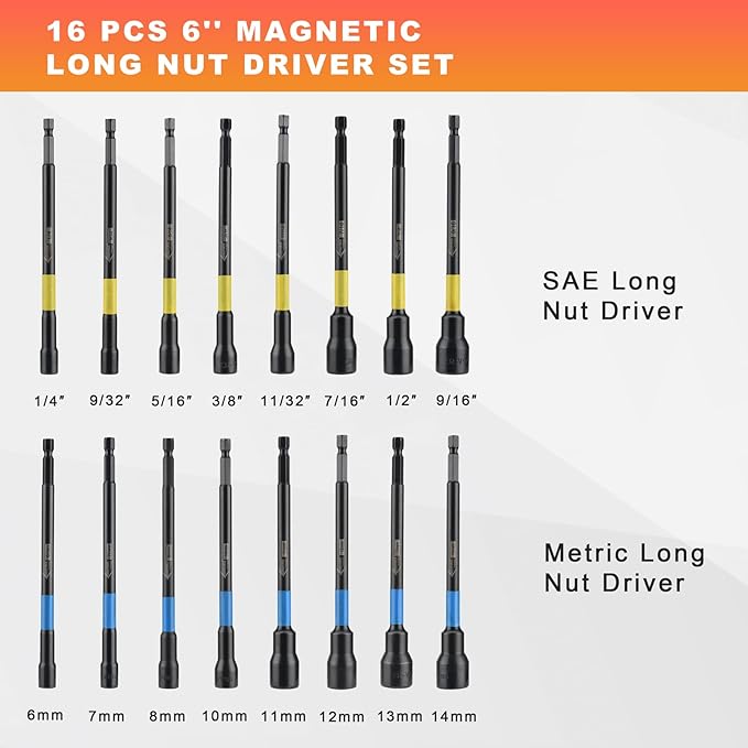 AEROFORCE 16PCS Magnetic Nut Driver Set for Impact Drill, 6 Inch Extra Long Nut Drivers with Sturdy Tool Box, SAE/Metric 1/4" Hex Shank Socket Set for Drill, DIY and Repair Car