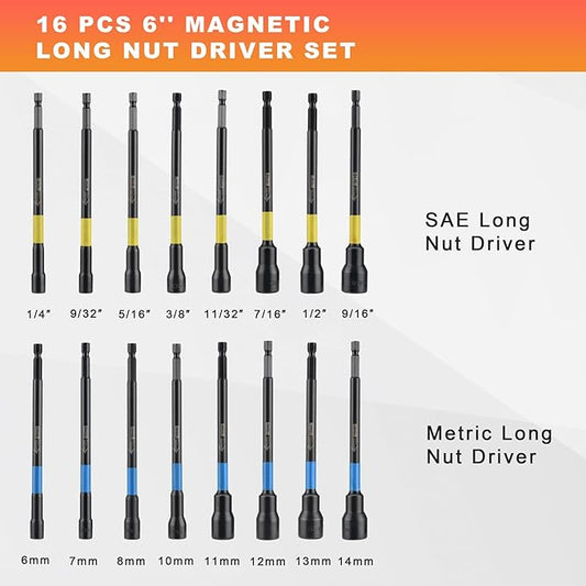 AEROFORCE 16PCS Magnetic Nut Driver Set for Impact Drill, 6 Inch Extra Long Nut Drivers with Sturdy Tool Box, SAE/Metric 1/4" Hex Shank Socket Set for Drill, DIY and Repair Car