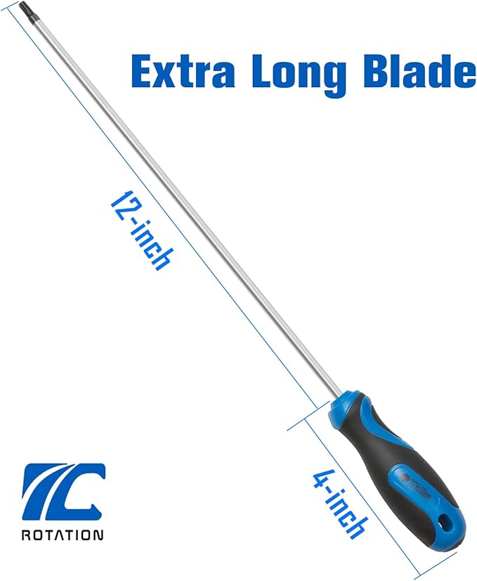ROTATION Extra Long Torx Screwdrivers Set (5pc Set), S2 Steel, blade length 12-inch T15-T30, plus Long star Screwdrivers, 5-Piece Set
