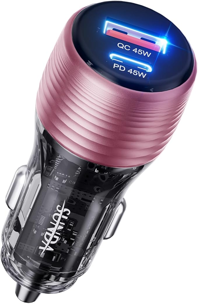 SUNDA 90W USB C Fast Car Charger, 2-Ports Car Charger Adapter, Cigarette Lighter USB Charger PD45W/QC45W QC 3.0 Car Phone Charger for iPhone17/16Pro/Max/iPhone15/Laptop/Galaxy/SamsungS25/S24 (Purple)