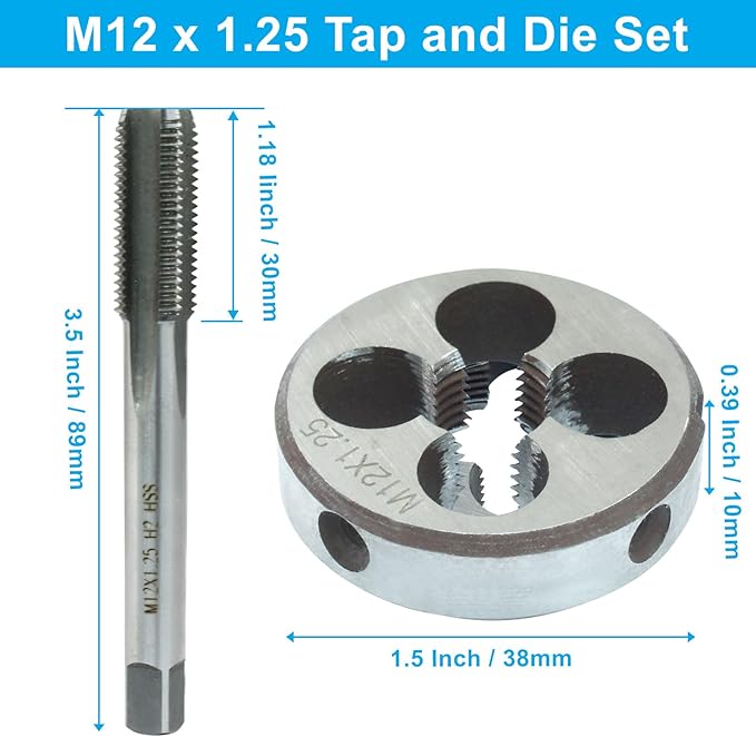 HARSKIYER M12 x 1.25 Metric Tap and Die Set, HSS Machine Thread Tap Die Set, M12 x 1.25mm Right Hand Thread Tapping Tool