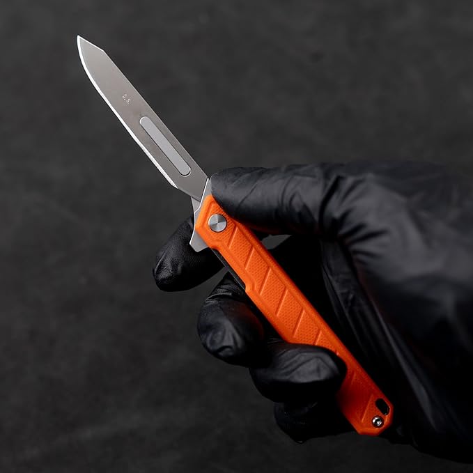 G046 Mecha Mini Slim Folding Scalpel with 5pcs #24 and 5pcs #60 G10 Handle with Liner Lock, Utility EDC Pocket Knife with Back Clip（Orange）