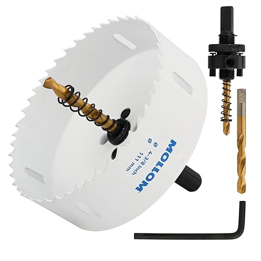 Mollom (111mm | 4-3/8") HSS M42 with 8% Cobalt BI-Metal Hole Saw with 2 Pilot Drill Bits & Arbor Smooth Cutting for PVC,Drywall,Wood,Plastic,Gypsum Board,Rubber